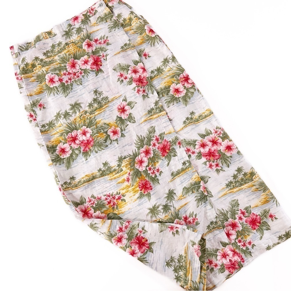 VTG 100% Linen Jones New York Floral Hawaiian Wrap Midi Skirt Womens 4 Small